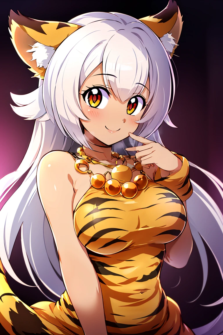 <lora:Konpeto_Style_Dim32:0.8>, , masterpiece, best quality, 1girl, beautiful face, <lora:Toni_Citron_OC_Anime:0.6>, Toni_Citron_OC, tiger ears, tiger tail, white hair, dark skin, necklace, animal print, pelvic curtain, solo, looking at viewer, smiling, upper body, beautiful orange eyes,