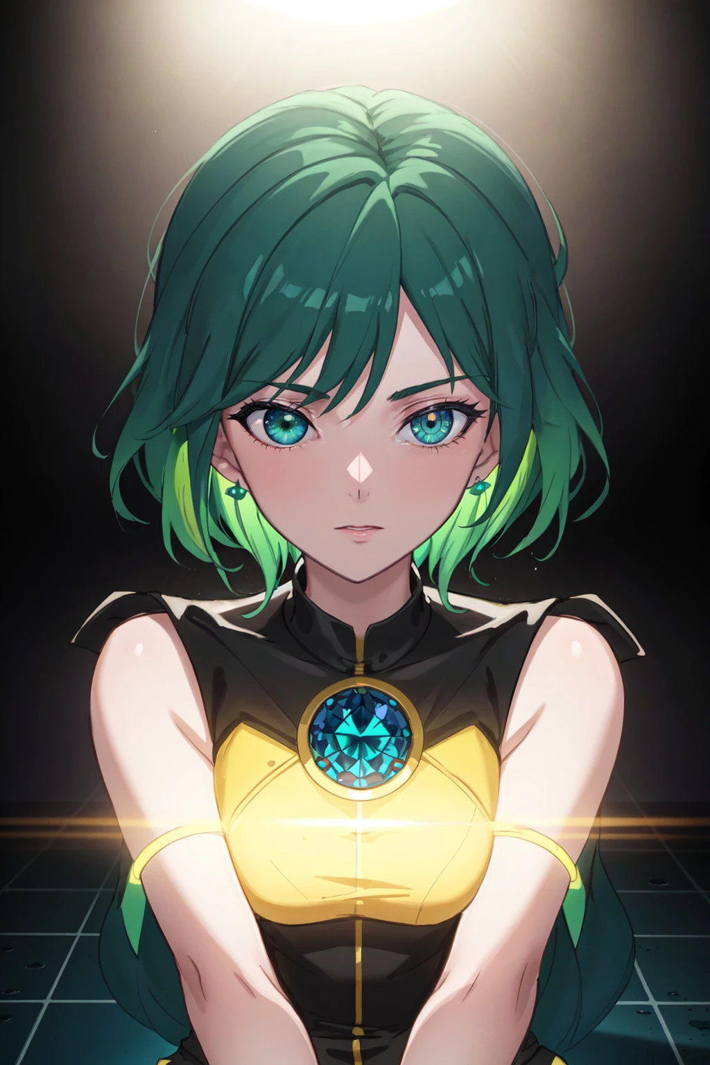 an octopus card with flowers and green hair, in the style of animecore, baroque exaggeration, tarot card, pretty, gemstone, i can't believe how beautiful this is, serene faces NeonLighting NeonLightingScene