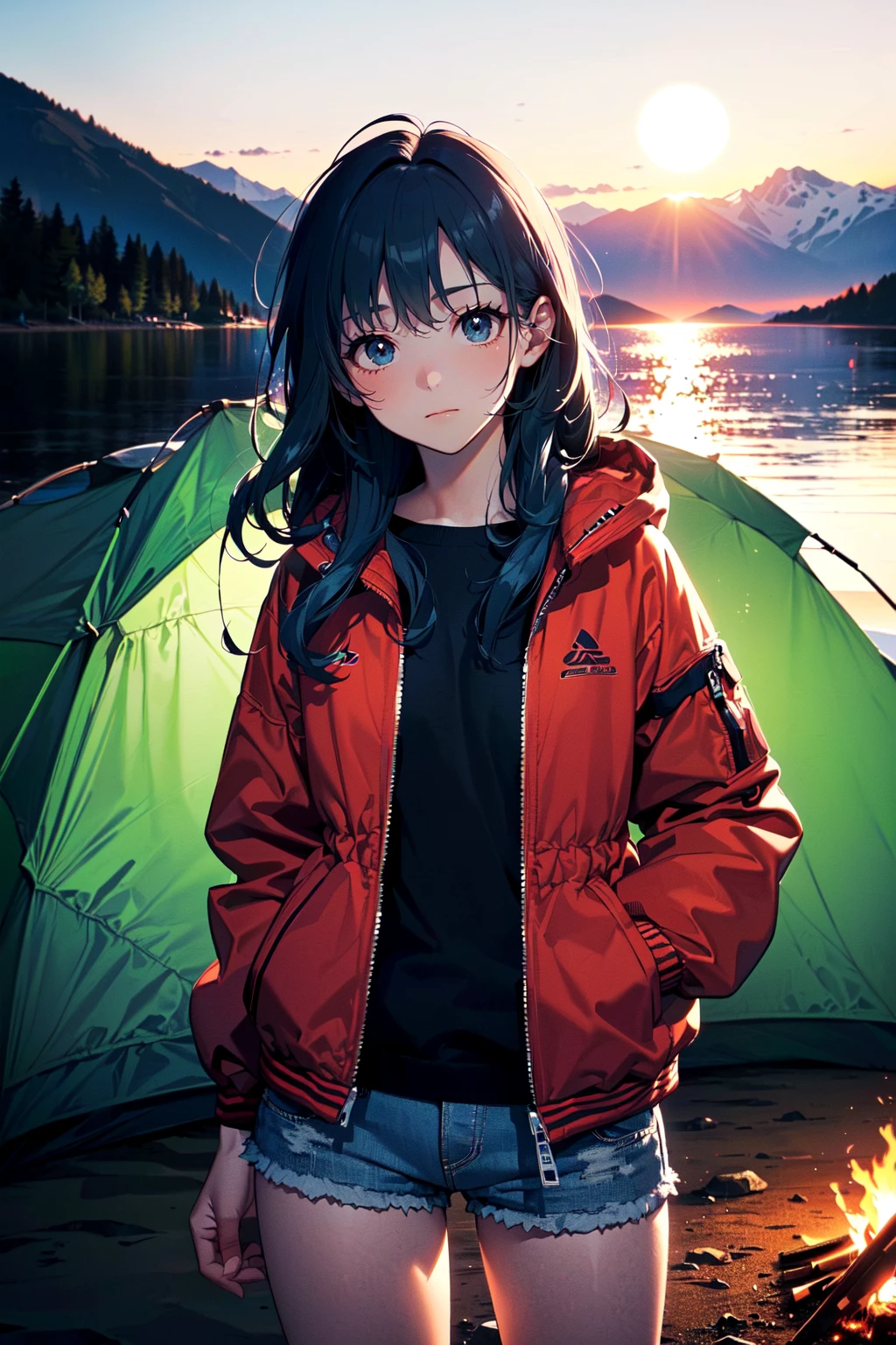 (best quality, masterpiece:1.1), <lora:Better light:0.5>,  cowboy shot,     (1female), emotionless face, blue hair, long hair, wavy hair,         Wide Sleeve Jacket With Zipper, Short Shorts, ( (camping, in front of a bonfire under a moonlit night:1.2), outdoor, a view of snow-capped mountains and lake, a tent in the background),
