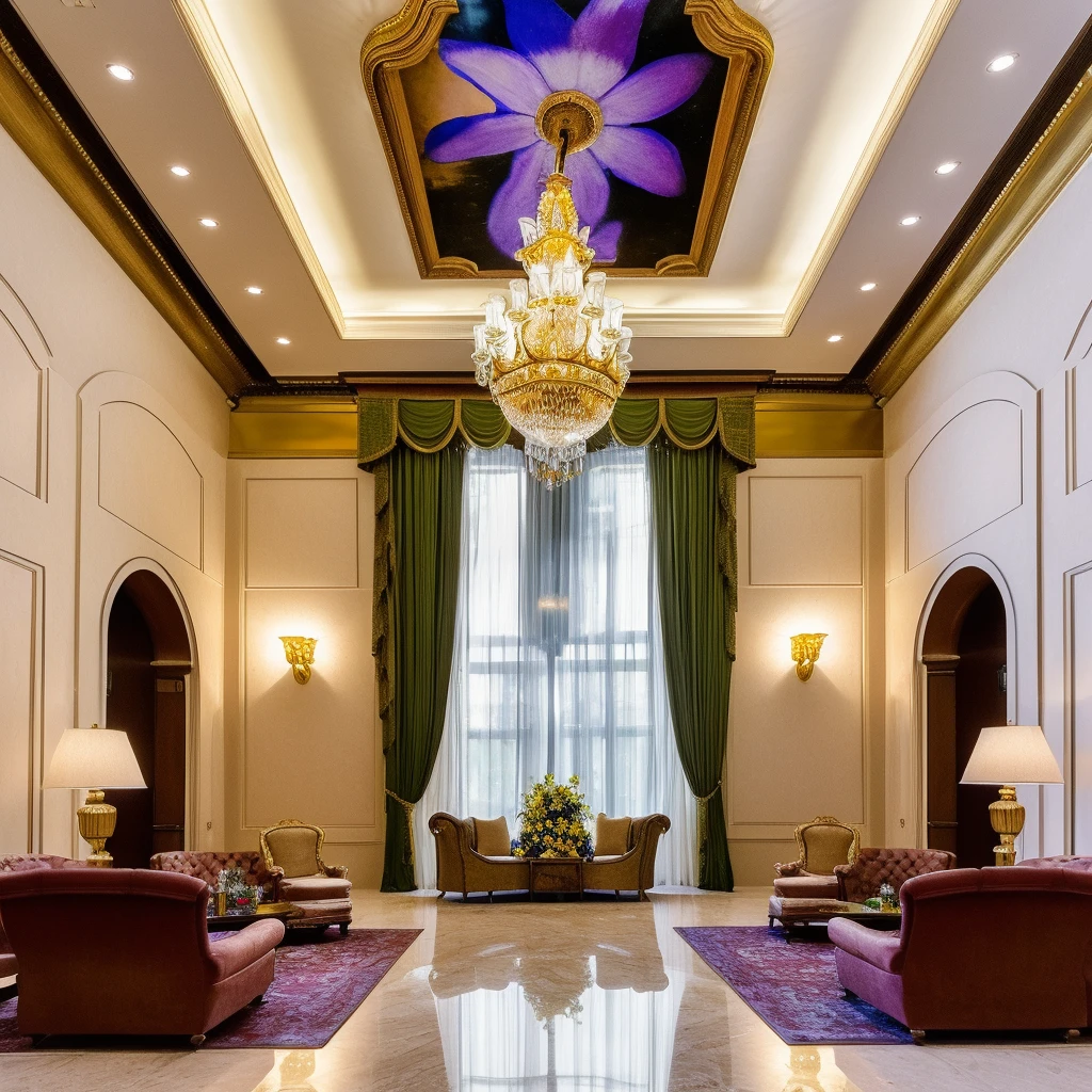 ((best quality)),((masterpiece)),((realistic)), , photorealistic, sky,chair , <lora:JJsLobby:.7>,dslr, RAW photo ,authentic, soft lighting,film grain, Fujifilm XT3 ,
(((lobby))) ,indoor scenery, reflection ,wall ,rug , lamp, flower, vase , chair,ceiling light,, plant, window ,curtain ,television ,couch, gold,