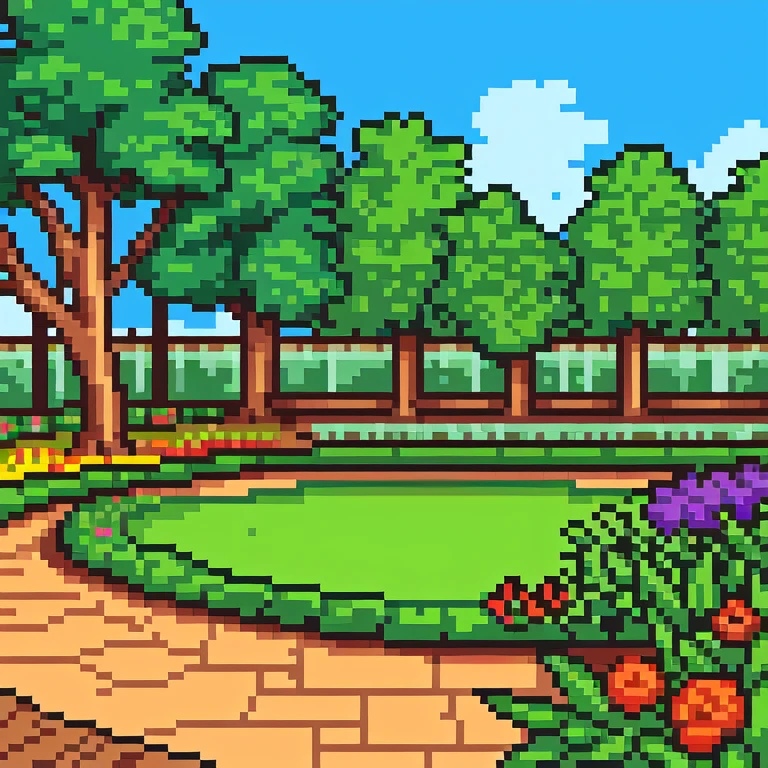 garden background, blue sky, scenery pixel art