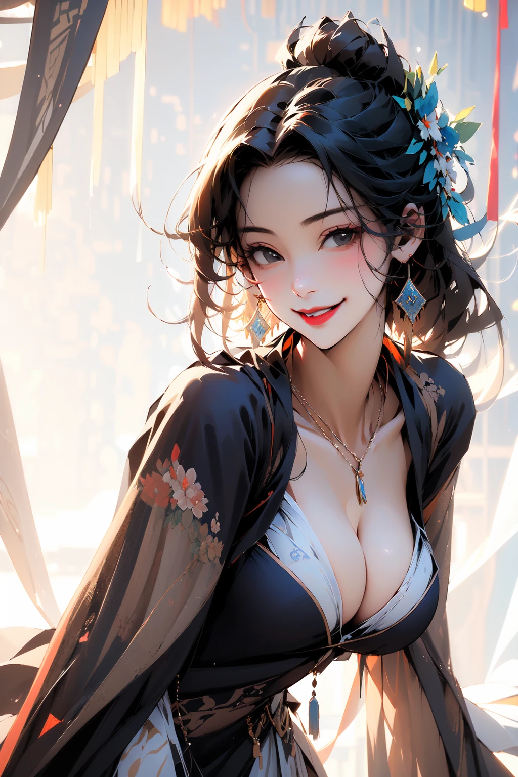 (masterpiece:1.2),best quality,Chinese style,(cowboy shot:1.3),
1girl,jewelry,solo,earrings,necklace,smile,black hair,breasts,cleavage,looking at viewer,white background,long hair,simple background,closed mouth,black eyes,medium breasts,chinese clothes,lips,
<lora:Chinese style_20230608155715-000010:0.4>,