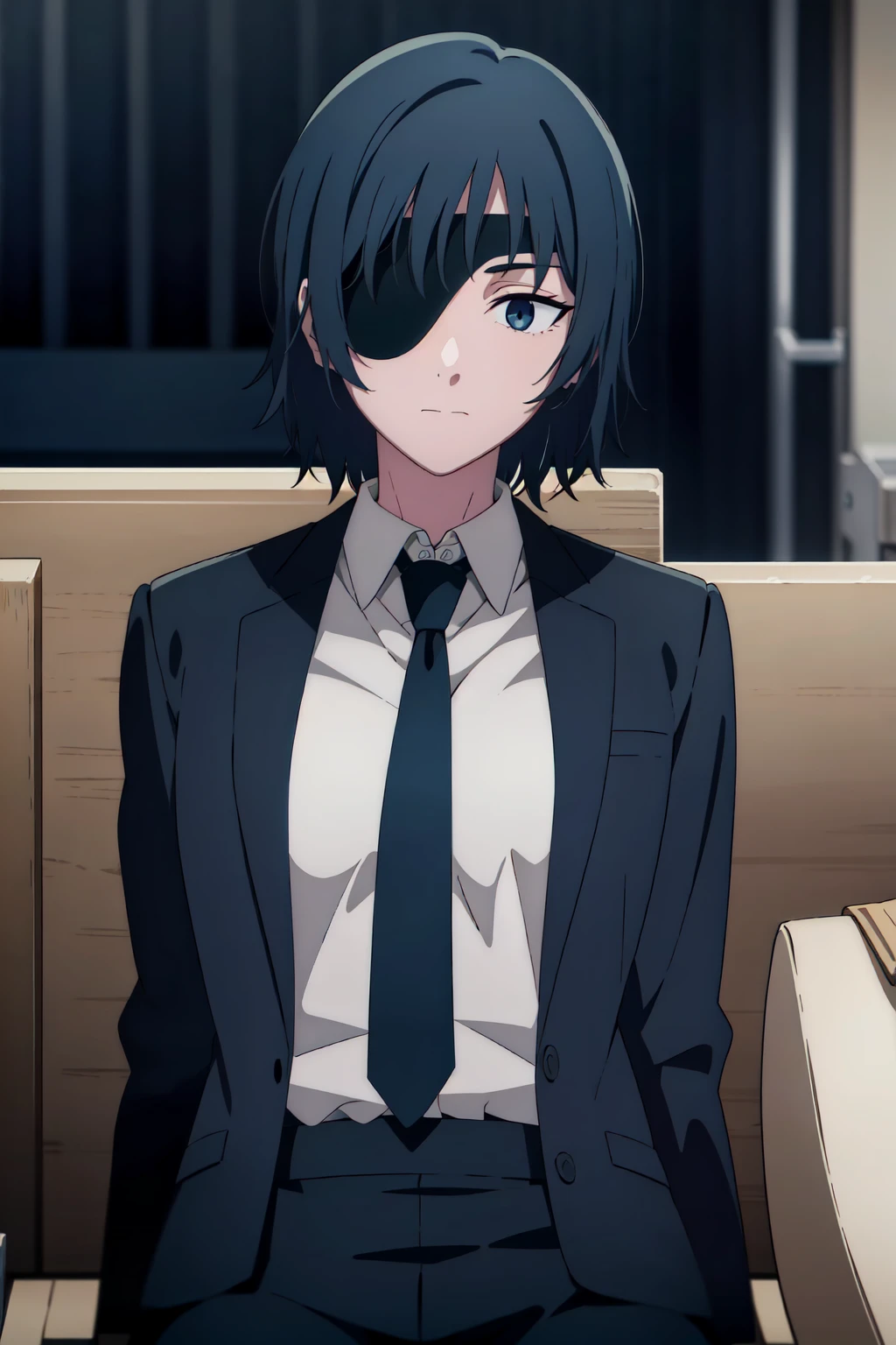 (extremely detailed CG unity 8k wallpaper),(masterpiece),(best quality),(ultra-detailed),(best illustration),(best shadow),(absurdres), <lora:himeno-20:0.8>,himeno, eyepatch, 1girl, necktie, black necktie, black hair, looking at viewer, formal, suit, shirt, short hair, solo, collared shirt, blue eyes, white shirt, jacket, black jacket, bangs, upper body, black suit, expressionless, closed mouth, solo focus, business suit, black eyes, blurry, pants, indoors, suit jacket, medium hair, long sleeves, one eye covered, ringed eyes, sitting, dress shirt, office lady, blurry background,