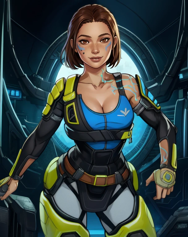 conduit, brown hair, brown eyes, cheek mark, shoulder tattoo,
vest, armor, bare shoulders, light smile,
standing, cleavage, hips,
science fiction, base,
(insanely detailed, beautiful detailed face,beautiful detailed eyes, masterpiece, best quality),solo, <lora:conduit:0.8>