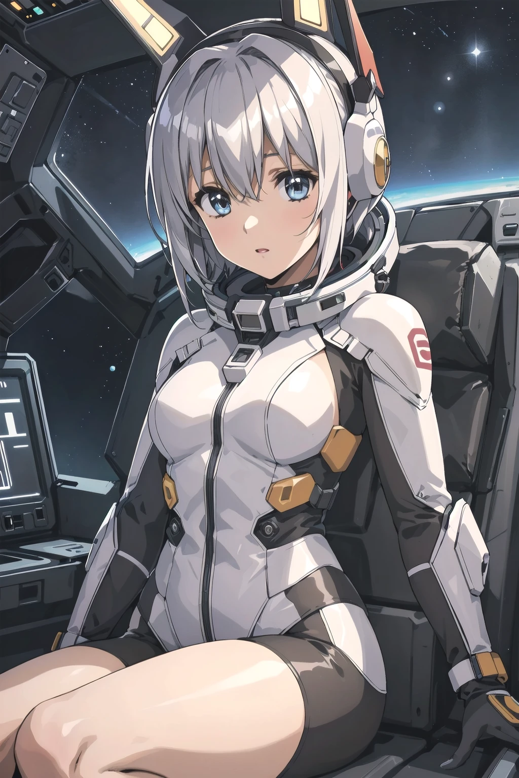 anime, 1girl, cockpit of space fighter, cybersuit, head gear, sitting on the pilot sheet, ready to departure