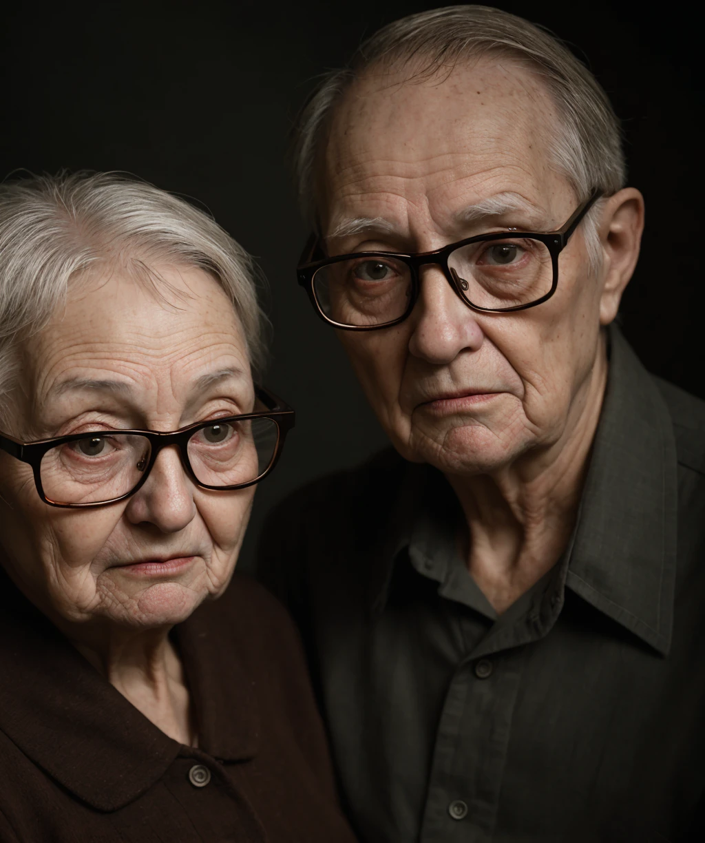 photo, portrait of old people, glasses, dimly lit, harsh camera