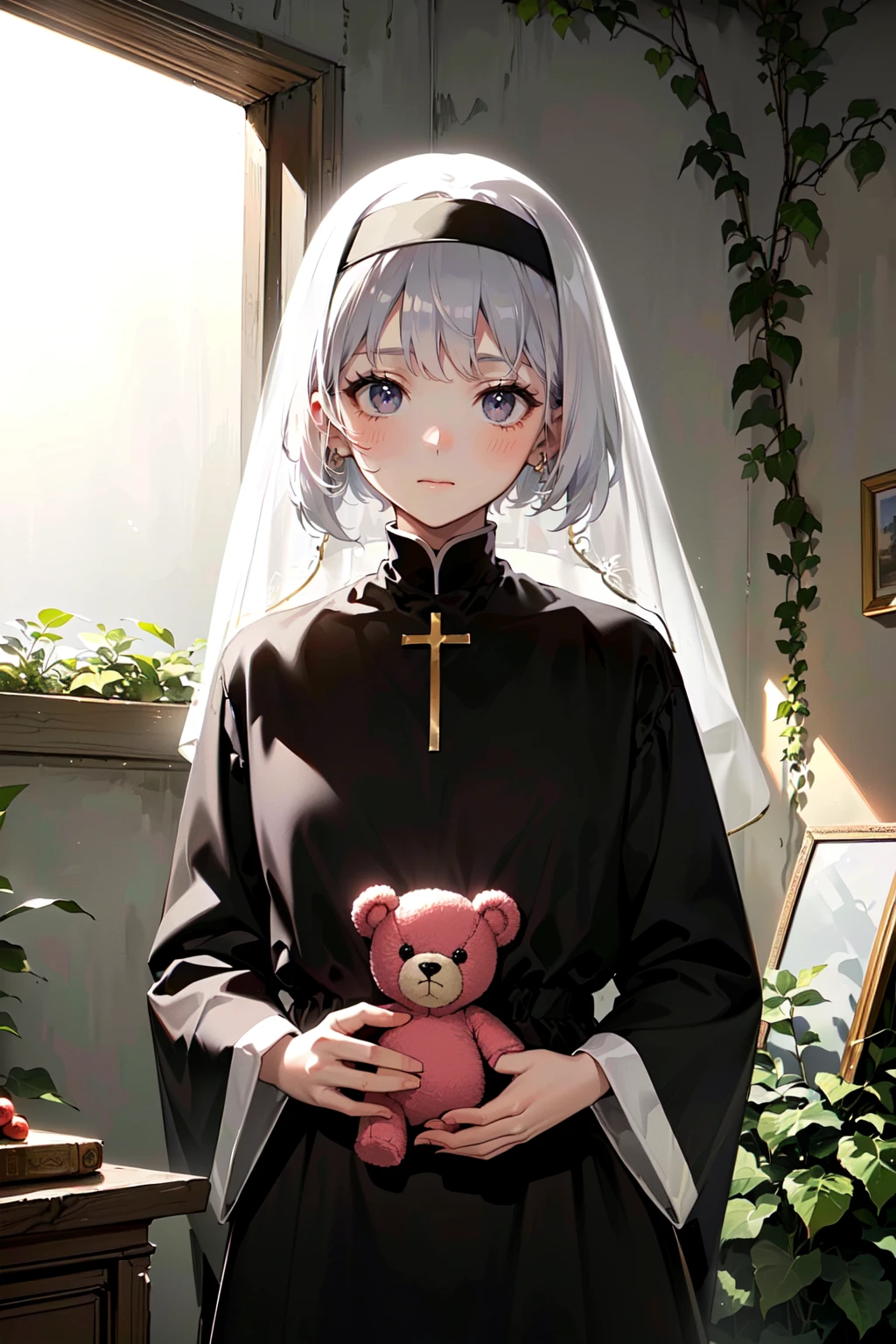 (best quality, masterpiece:1.1), <lora:Better light:0.5>, cowboy shot, (1female), embarrassed face, silver hair, short hair, wavy hair, brown colored bells on hair, ((gold embroidered clothes:1.0), (black nun veil:1.0), (black cassock:1.0)), ((stuffed toy, stuffed animal:1.2), pink background, teddy bear), ((Desolation, Ruins, Ruined buildings), Overgrown, Regeneration, Urban naturalization, Memory, Solitude, Silence, Tranquility, Apparition, Absence of human traces, )