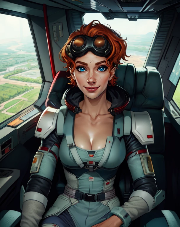 horizon, orange hair, short hair, blue eyes, goggles on head, collarbone, 
spacesuit, smile, 
standing,  upper body,  cleavage, 
spaceship, indoors, cockpit, sitting,  
(insanely detailed, beautiful detailed face,beautiful detailed eyes, masterpiece, best quality),solo,   <lora:horizon:0.8>