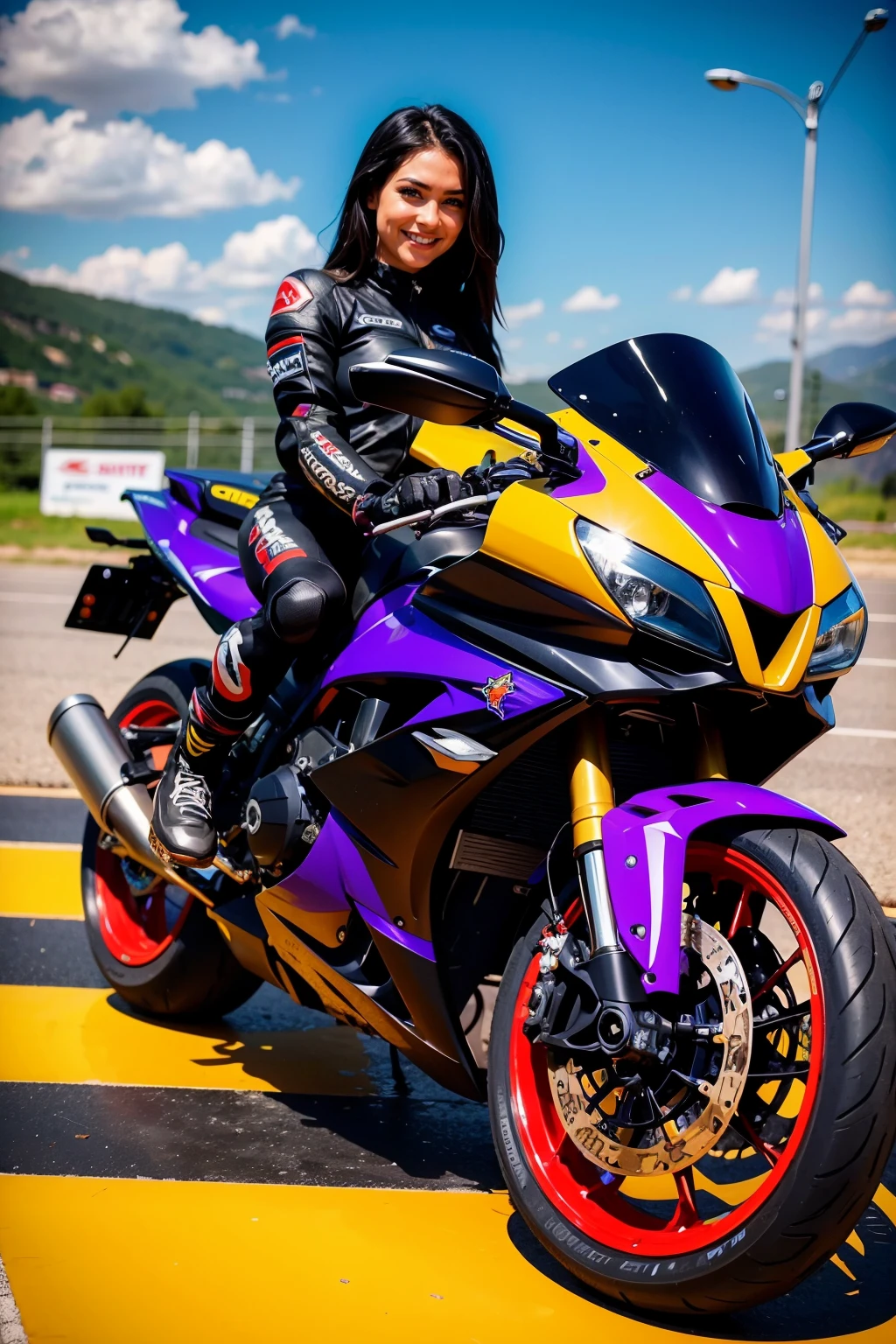 biker, a woman posing next to a motorbike, smiling <lora:biker:1>