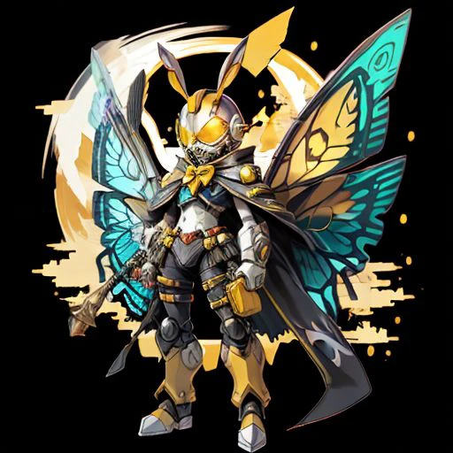 ridechemy, cape, rabbit tail, mecha, drumstick, bowtie, yellow eyes, helmet, single horn, butterfly wings, moon, flag, baggy pants, game controller