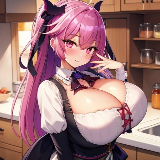 masterpiece,best quality,detailed background,upper body,1girl,lixual_hellmare,solo,heart-shaped pupils,large breasts,dirndl,bat wing ribbon,kitchen,<lora:GoodHands-vanilla:1>,<lora:Lixual_Hellmare-10:0.6>,