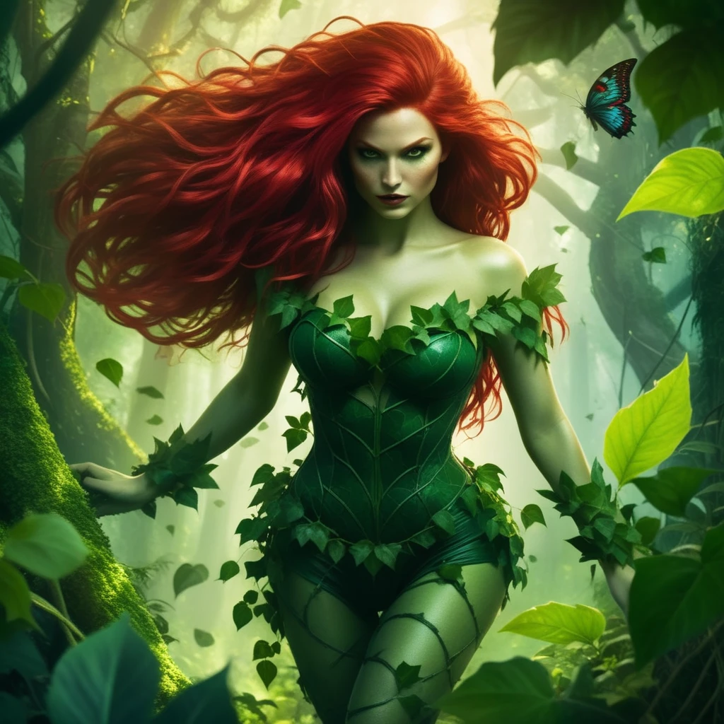 Dark Fantasy Art of <lora:Poison Ivy:1.2>
Poison Ivy a woman with red flying hair and ivy costume flying through a big epic jungle forest, dark, moody, dark fantasy style