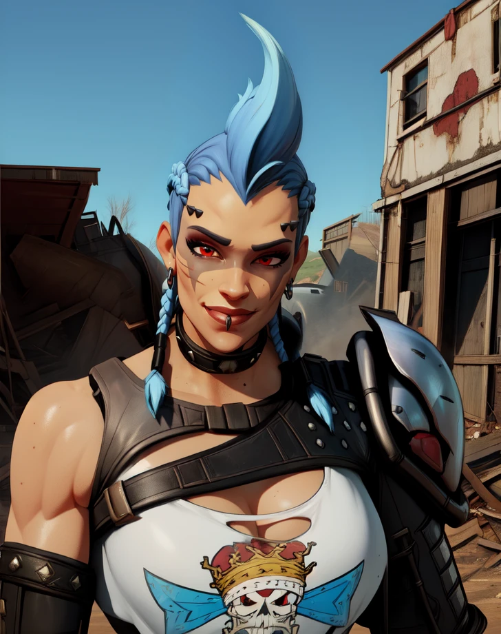 junker,blue hair,braids,mohawk,red eyes,piercing,
shirt,collar,armor,collarbone,gauntlets,bare shoulders,single pauldron,
upper body,smile,
outdoors,wasteland,
(insanely detailed, beautiful detailed face,beautiful detailed eyes, masterpiece, best quality),solo,<lora:JunkerQueenOW2-14:0.8>,