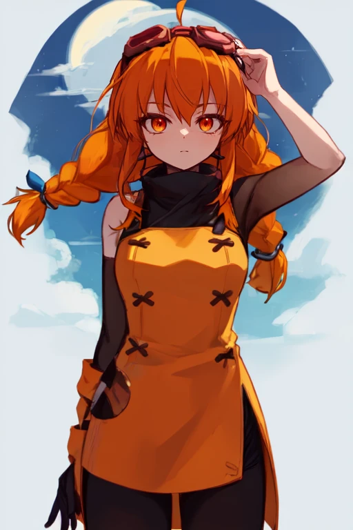 1girl solo cowboy-shot <lora:Aika-000015:1.0> looking-at-viewer standing aikostyle aika-\(eternal-arcadia\) twin-braid goggles-on-head orange-eyes long-hair