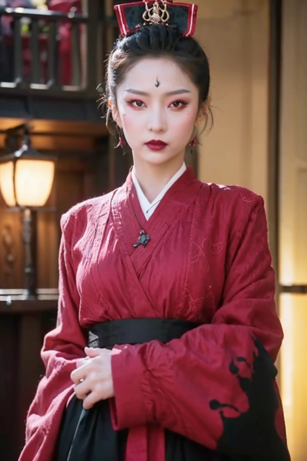 <lora:fuyu_07:0.8>,face lighting,bright backlight,super high resolution,best quality,Photos,4k,(Realistic:1.2),fuyu,1girl,black hair,earrings,red_lips_,ribbon,forehead mark,applying_makeup,long_sleeves,wide_sleeves,standing,