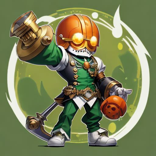 ridechemy, monocle, male focus, holding hammer, detached sleeves, white footwear, helmet, green skin, english text, cuffs, card, fangs, orange eyes, fruit