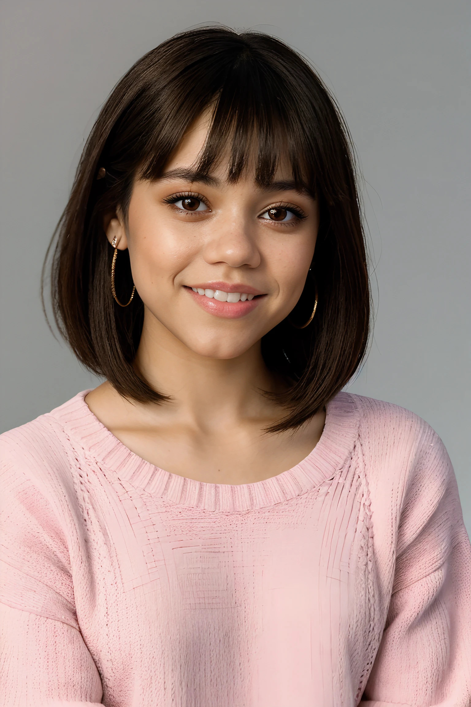 jenna orterga, jenna_ortega_v4 wearing sweater, skinny, bangs,
pink sweater,
head shot, close up, upper body, simple solid background, mid-twenty, age:21, 21 year old, portrait,
<lora:Jenna_Ortega_V2:0.7>,