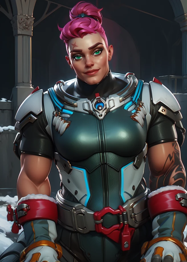 zarya,short hair,pink hair,muscular,shoulder tattoo,ponytail,green eyes,bare shoulders,bodysuit,armor,looking at viewer,smile,sitting,upper body,base,winter,fingerless glove, eyebrow scar,
(insanely detailed, beautiful detailed face,beautiful detailed eyes, masterpiece, best quality),solo,<lora:ZaryaOW2:0.7>,