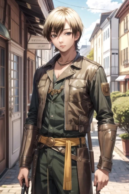 masterpiece, best quality, movie still, 1boy, solo, male focus, looking at viewer, , , ligne claire, realistic, <lora:kodaka_hasegawa:0.74>, kodaka_hasegawa, blonde hair, black eyes, multicolored hair, brown hair, , demon costume, , 4k resolution