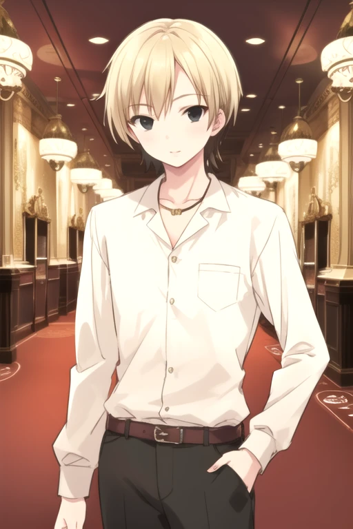 masterpiece, best quality, still, 1boy, solo, male focus, looking at viewer, , , ligne claire, , <lora:kodaka_hasegawa:0.78>, kodaka_hasegawa, blonde hair, black eyes, , , , , casino,