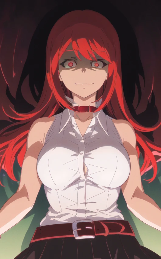 <lora:Akane Hiyama:0.6> Akane Hiyama, ((1girl, red hair, solo, red eyes, long hair, weapon, breasts, holding, medium breasts, shaded face, dual wielding, dual wielding gurkha knifes, smile, yandere)), ((masterpiece, best quality)), (((extremely detailed, intricate details, lush detail, insanely detailed face, 4k, beautiful light Red eyes, shiny skin, sharp eyes))), ((dramatic shadows, vibrant colors, backlighting, depth of field, highleg, contrapposto)), (((1girl, solo, shadow over face, glowing brown eyes))), ((sleeveless black shirt, black skirt, white collar shirt, red belt, hidden hands)), big eyes, upper body, face focus, muscle, slim body, looking at viewer, long black gloves, red bracer, Standing outside at night