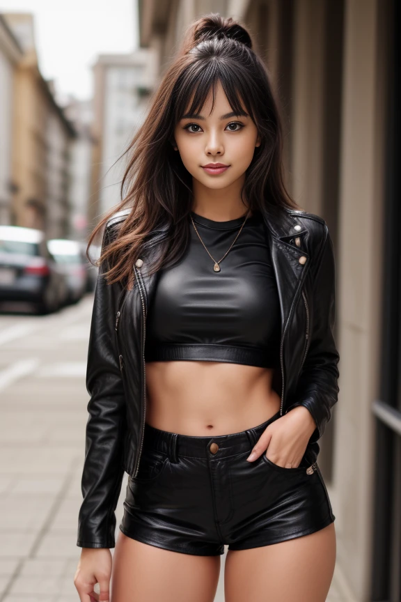 A photo of a beautiful cute young woman, african
<lora:Black Leather Shorts By Stable Yogi:0.5>black-leather-shorts-syogi, black crop top, black jacket