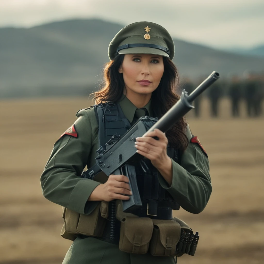 cinematic film still of <lora:Lezley Zen:1>
Lezley Zen
 <lora:Cinematic Film:1>
a woman
in a military uniform holding a machine gun Cinematic Film Style, shallow depth of field, vignette, highly detailed, high budget, bokeh, cinemascope, moody, epic, gorgeous, film grain, grainy