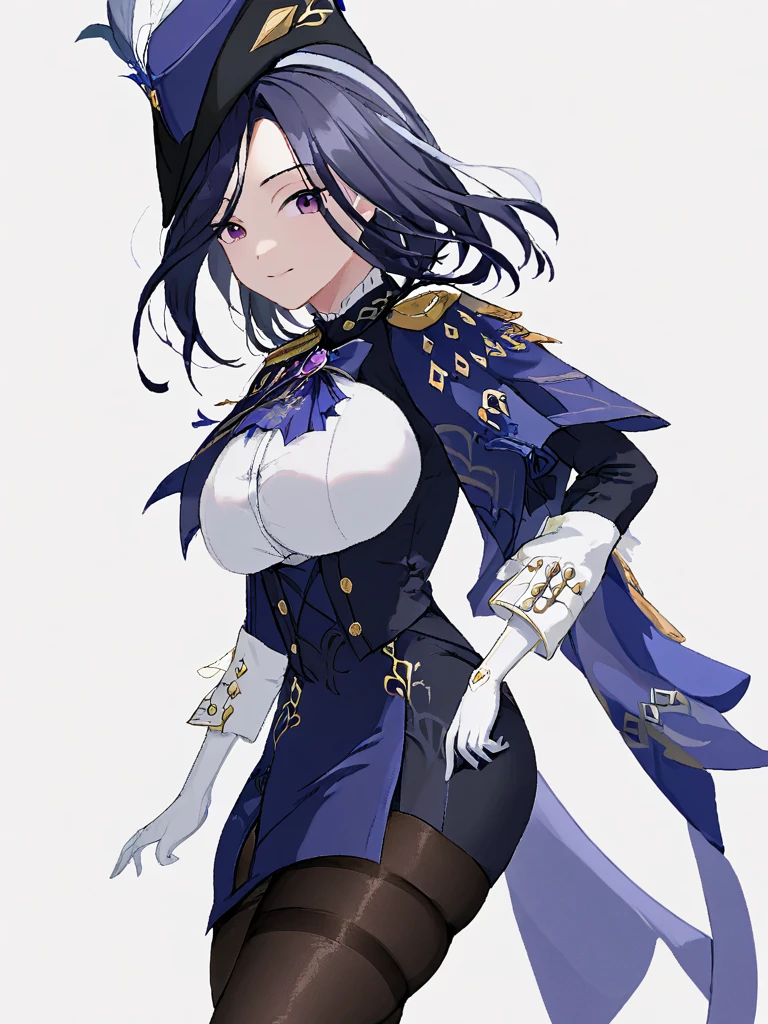 <lora:kelolinde_xl:1>,kelolinde, 1girl, solo, hat, gloves, looking at viewer, white gloves, simple background, white background, hand on hip, breasts, closed mouth, pantyhose, hat feather, smile, long sleeves, cape