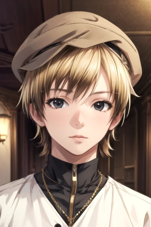 masterpiece, best quality, illustration, 1boy, solo, male focus, looking at viewer, , depth of field, anime coloring, realistic, <lora:kodaka_hasegawa:0.68>, kodaka_hasegawa, blonde hair, black eyes, , brown hair, two-tone hair, , cloche hat, ,
