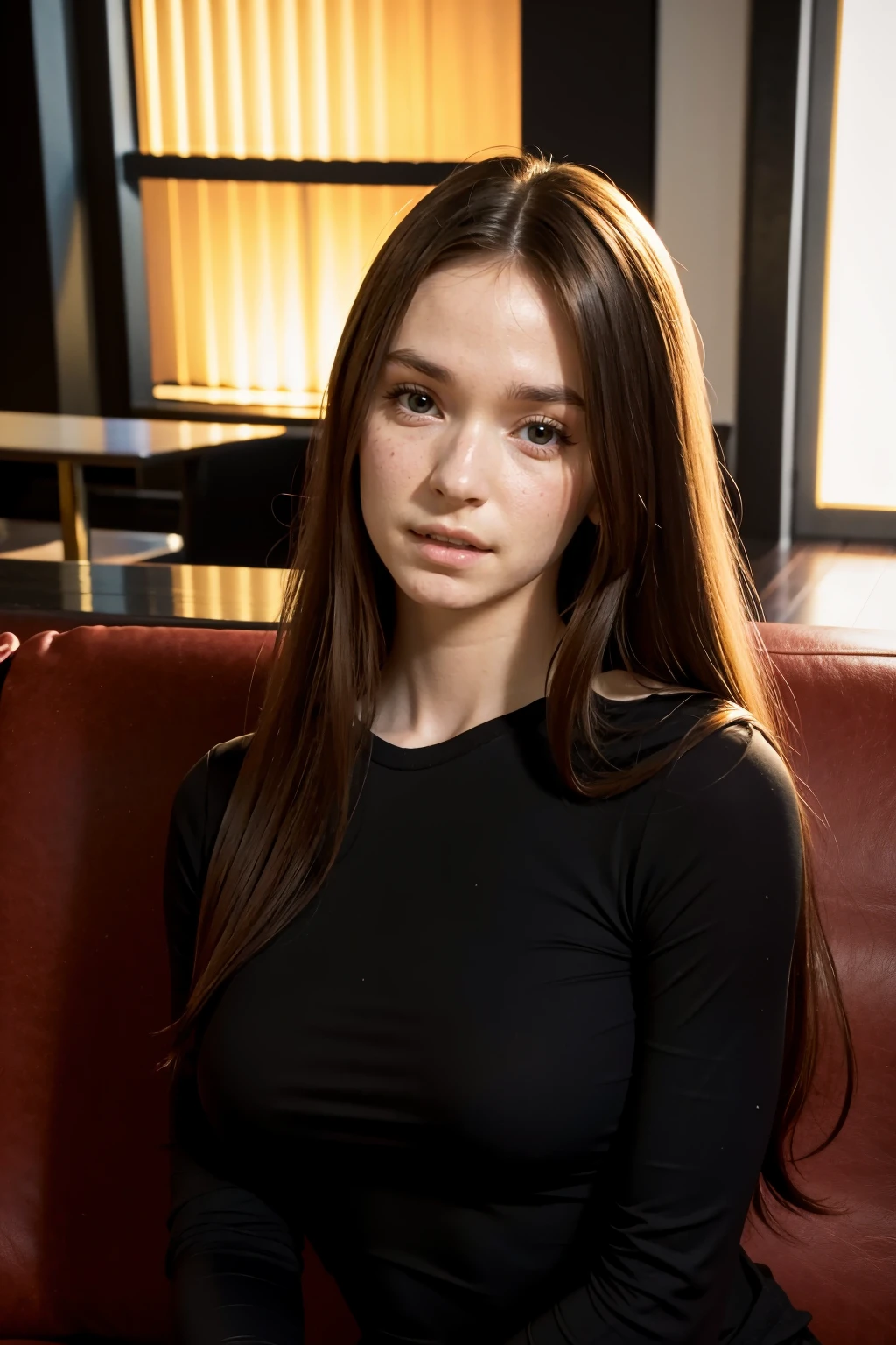 hazelmoore, a woman with long hair and a black shirt on a couch, face <lora:hazelmoore:0.8>
