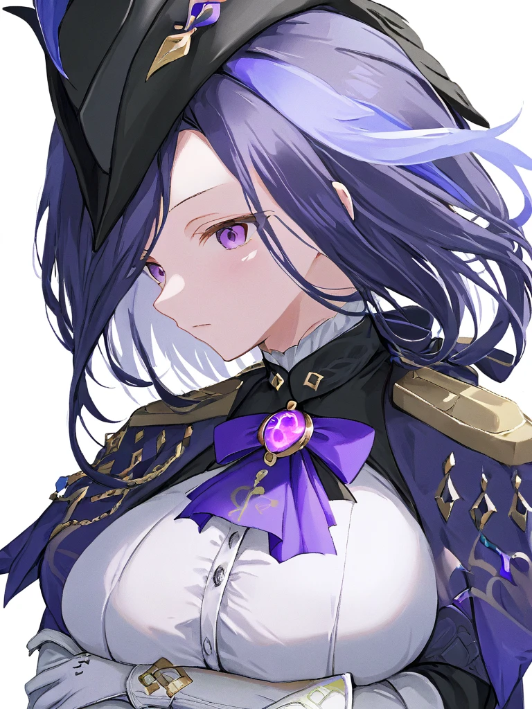 <lora:kelolinde_xl:1>,kelolinde,1girl,solo,breasts,gloves,hat,white gloves,looking at viewer,upper body,shirt,jewelry,button gap,elbow gloves,white background,white shirt,closed mouth,simple background,cape,arm under breasts,purple bow,black headwear,hat feather,bow,