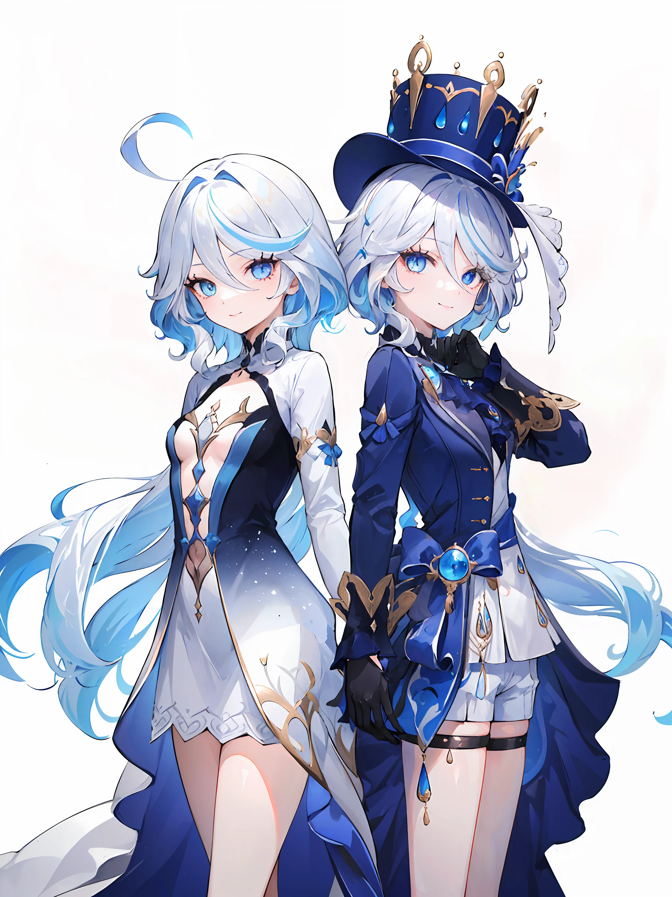 ((masterpiece,best quality)), highres, 2girls, heterochromia, standing back to back, simple background, looking at viewer ADDCOMM
1girl, focalors, white dress, long sleeves, cleavage cutoutk, clothing cutout, smile BREAK
1girl, furina, blue hat, gloves, smile