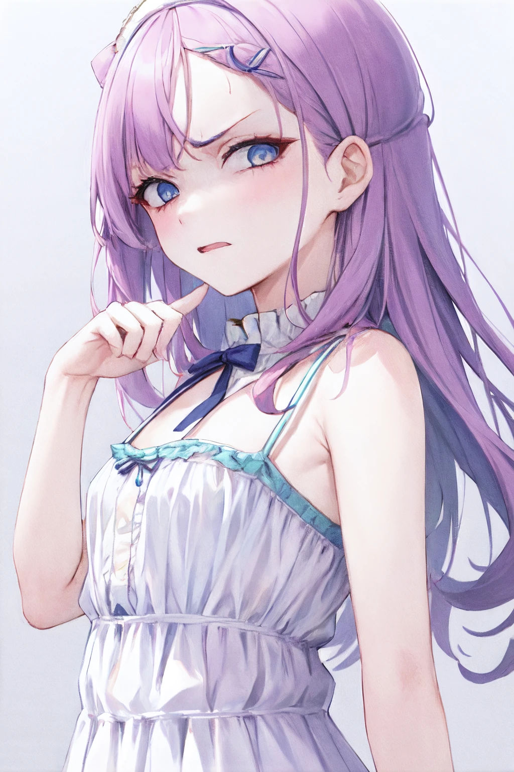 disgusted face, 1girl, solo, portrait, upper body, playful sundress with a striped pattern, spaghetti straps, and a tiered ruffle skirt, <lora:disgusted:1>