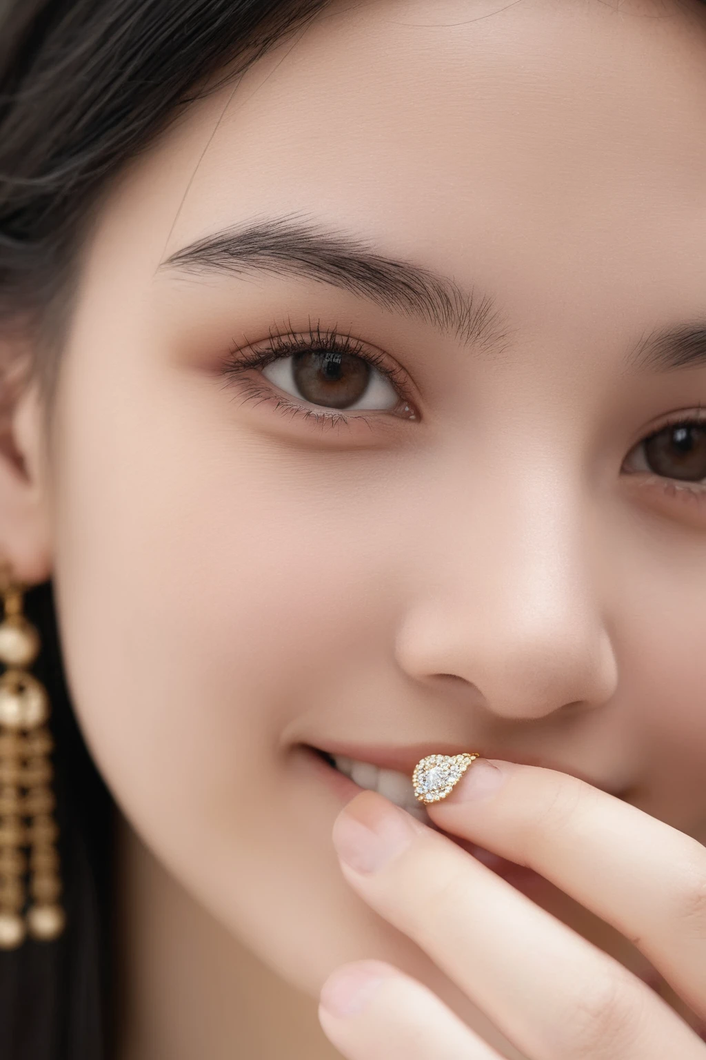 1girl, solo, jewelry, earrings, black hair, long hair, realistic, brown eyes, looking at viewer, lips, smile, portrait, mole,
best quality, photo \(medium\), realistic,(extremely detailed face:1.2), (extremely detailed eyes:1.2),epic, gorgeous, film grain, grainy,highly detailed, detailed skin texture,