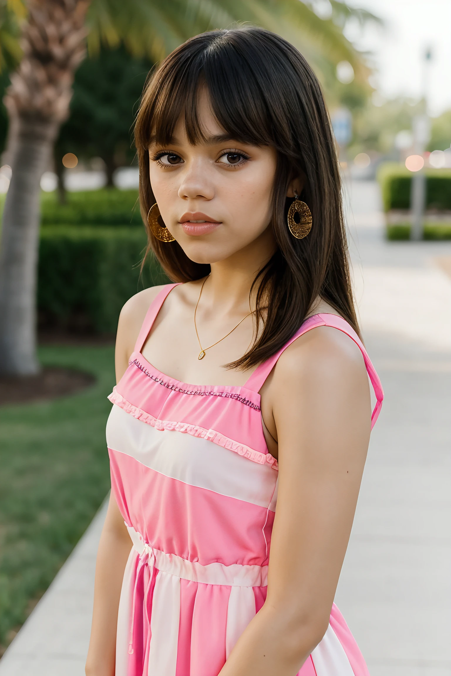 jenna orterga, jenna_ortega_v4 wearing summer dress, skinny, bangs,
pink summer dress,
head shot, close up, upper body, simple solid background, mid-twenty, age:21, 21 year old, portrait,
<lora:Jenna_Ortega_V2:0.7>,