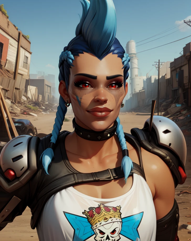 junker,blue hair,braids,mohawk,red eyes,piercing,
shirt,collar,armor,collarbone,gauntlets,bare shoulders,single pauldron,
upper body,smile,
outdoors,wasteland,
(insanely detailed, beautiful detailed face,beautiful detailed eyes, masterpiece, best quality),solo,<lora:JunkerQueenOW2-10v2:0.8>,