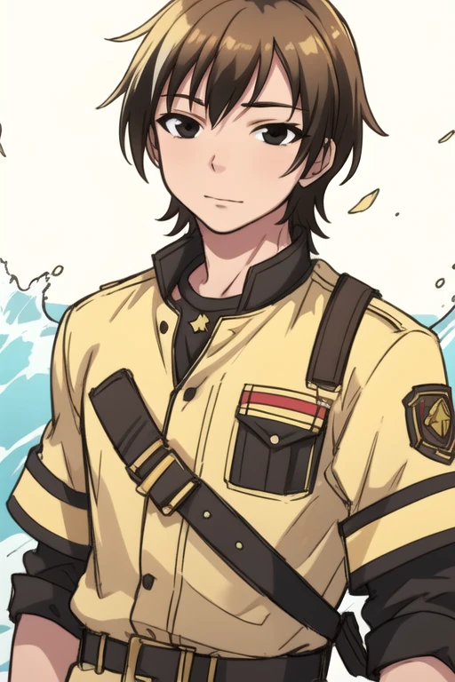 masterpiece, best quality, sketch, 1boy, solo, male focus, looking at viewer, upper body, depth of field, anime coloring, , <lora:kodaka_hasegawa:0.76>, kodaka_hasegawa, blonde hair, black eyes, multicolored hair, brown hair, , firefighter costume, water,