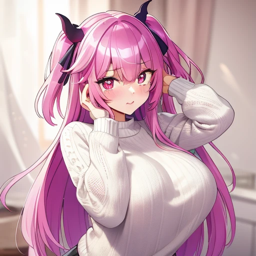 masterpiece,best quality,detailed background,cowboy shot,1girl,lixual_hellmare,solo,two side up,heart-shaped pupils,white sweater,hands on head,<lora:GoodHands-vanilla:1>,<lora:Lixual_Hellmare-10:0.6>,