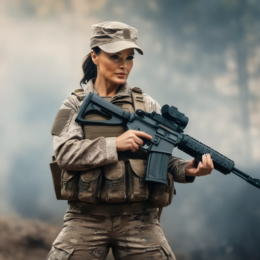 cinematic film still of a womana soldier in camouflage holds a gun Cinematic Film Style
<lora:Lisa Ann-000002:1> Lisa Ann
<lora:Cinematic Film:1>, shallow depth of field, vignette, highly detailed, high budget, bokeh, cinemascope, moody, epic, gorgeous, film grain, grainy