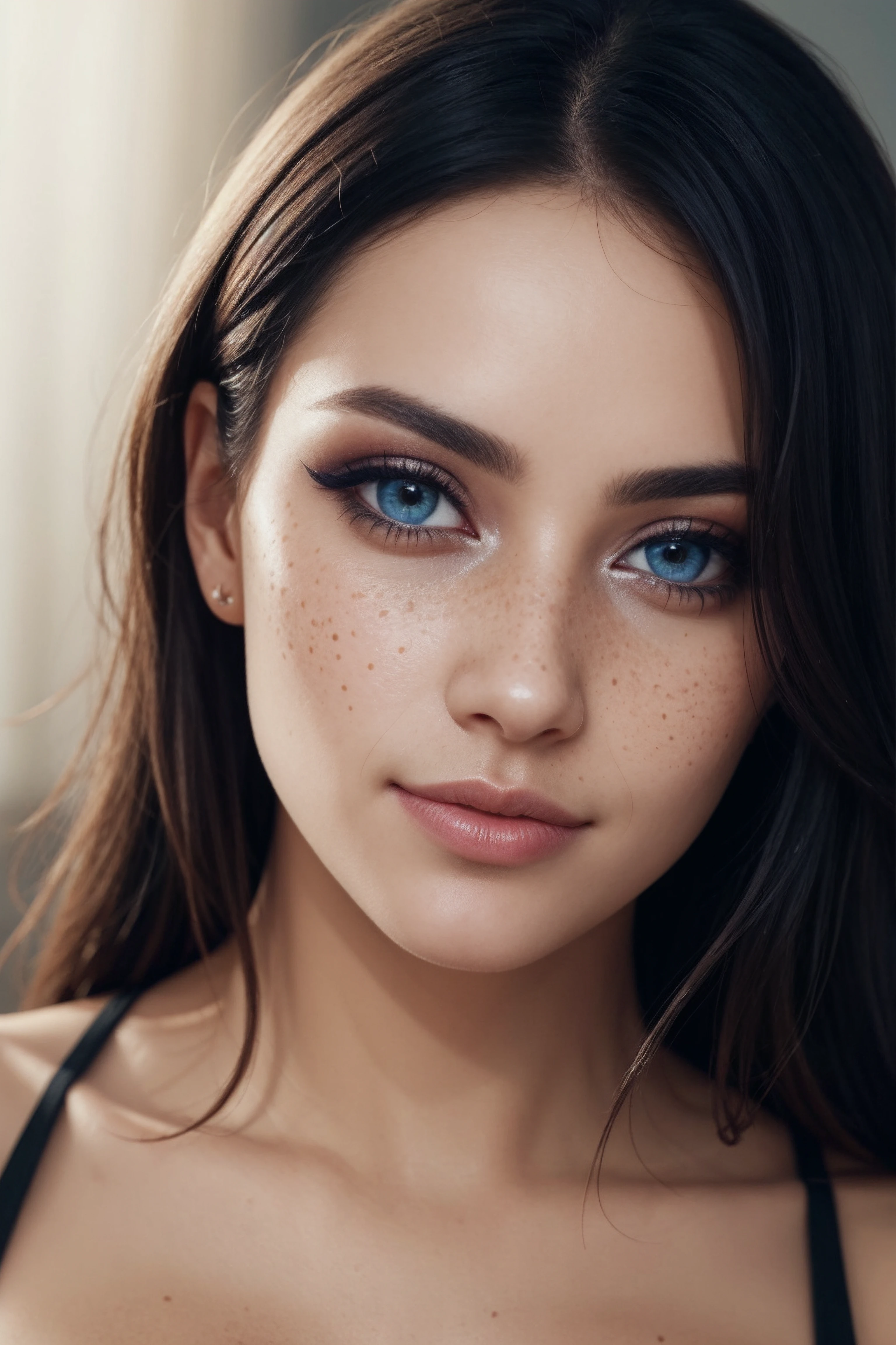 beautiful face woman, portrait, makeup, eyes, lips, sensuality, attractiveness, femininity, black hair blue eyes, smooth skin, freckles, dimples, photogenic, closeup, studio lighting,, (masterpiece, high quality, best quality:1.3), Detailed, extremely intricate, intricate details