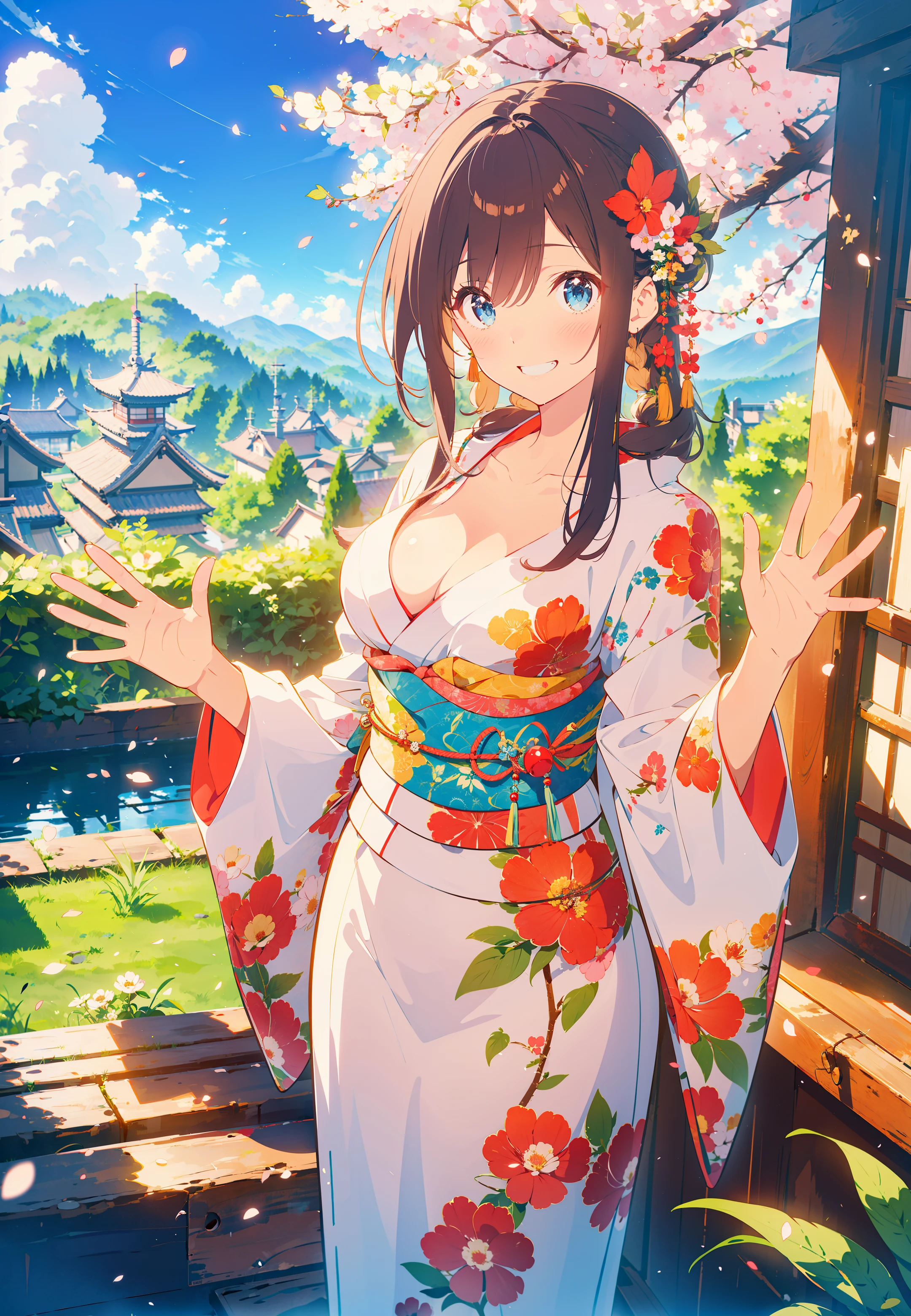 masterpiece, best quality, standing, grin, (waving:1.5), front view,
1girl, ahoge, bangs, blue eyes, blush, branch, breasts, cherry blossoms, cleavage, collarbone, eyebrows visible through hair, grass, hair between eyes, hair flaps, japanese clothes, kimono, large breasts, leaf, long hair, looking at viewer, kimono, sash, solo, tree, very long hair,
sky, flower,