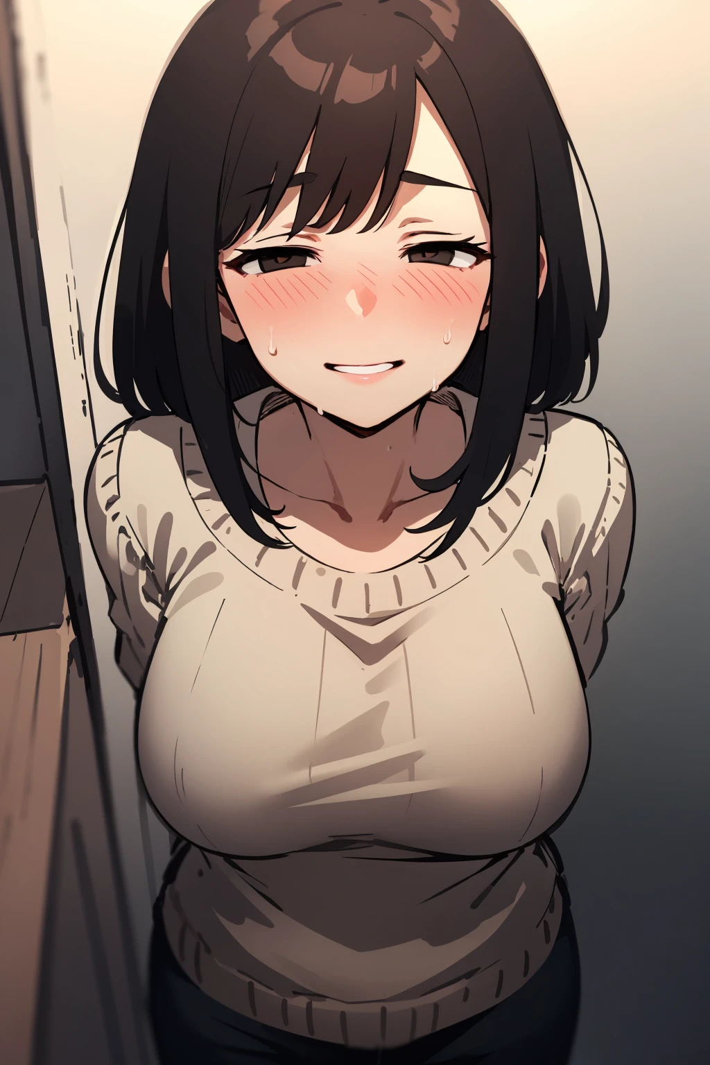 (masterpiece, high quality, highres:1),1girl,solo,large breasts,simple background,false smile,mother,mature female,standing,sweat,fog,sweater,brown hair,brown eyes,flustered,panicking,rushing,long hair,revealing clothes,forced smile,half-closed eyes,plump,wide hips,arms behind back,<lora:ntrface-wasabiya:1>,ntrgao,dark,shaded face,annoyed ,(black eyes , ),from above ,short hair ,dark skin, dark-skinned female ,,
