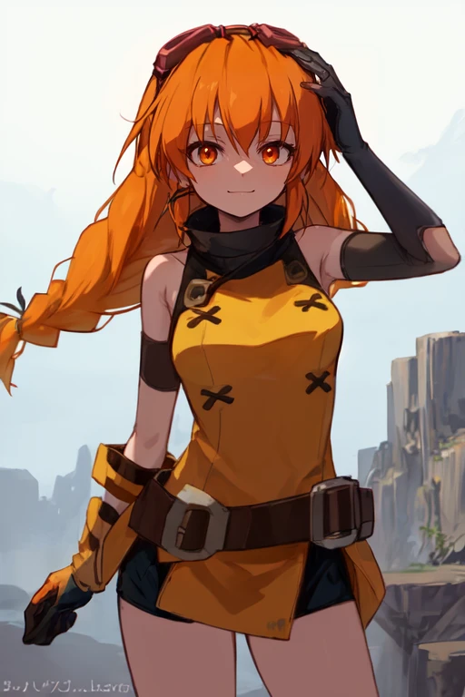 1girl solo cowboy-shot <lora:Aika-000015:1.0> looking-at-viewer standing aikostyle aika-\(eternal-arcadia\) twin-braid goggles-on-head orange-eyes long-hair single-glove smile closed-mouth