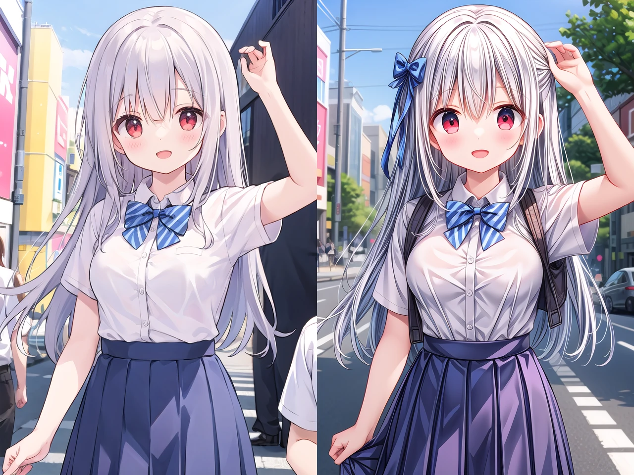<lora:hyperdetailer_v080:1>
insanely detailed, absurdres, ultra-highres, ultra-detailed, best quality,
1girl, solo, nice hands, perfect hands,
BREAK
summer school uniform with indigo blue bowtie, (short sleeves, dark blue skirt, pleated skirt:1.3), (indigo blue:1.3) bowtie, (white shirt:1.3), shirt with white button, (skirt with many pleats:1.4), plain shirt, plain skirt, (striped bowtie:1.3), shirt_tucked_in ,
BREAK
happy smile, laugh, open mouth, standing,
(45 angle:-1.5), (from side:-1.5),
cute pose, cowboy shot,
BREAK
slender, kawaii, perfect symmetrical face, ultra cute girl, ultra cute face, ultra detailed eyes, ultra detailed hair, ultra cute, ultra beautiful,
BREAK
in harajuku, shibuya, tokyo, street, crowd, cityscape,
BREAK
medium large breasts,
(grey hair, red eyes),
