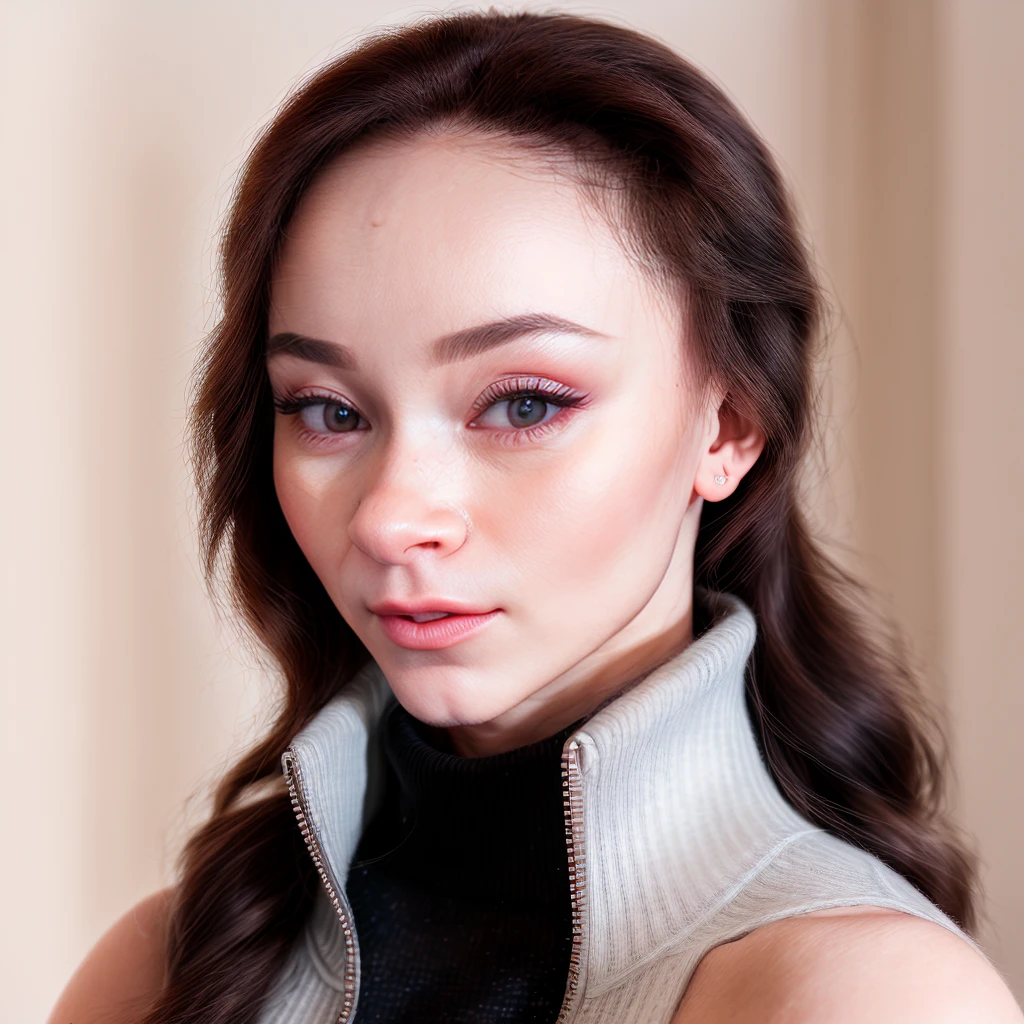 studio portrait of alice02 wearing a turtleneck sweater, detailed eyes, sharp cheekbones, dark matte lipstick, glamorous makeup, smirk, smooth, very bright lighting, high contrast, RAW photo, skin imperfections, small nose piercing