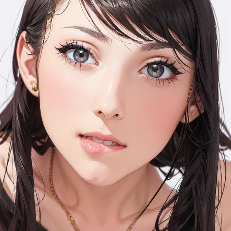(masterpiece,highest quality,Perfect Anatomy,Exquisite detailed,Detailed face,photo realistic,realistic,hyper realistic)1 yong girl,slender,black eyes(half close eyes:0.7)no makeup,black hair,long hair,straight hair,Center-parted bangs,hair clip,white bra,face shot