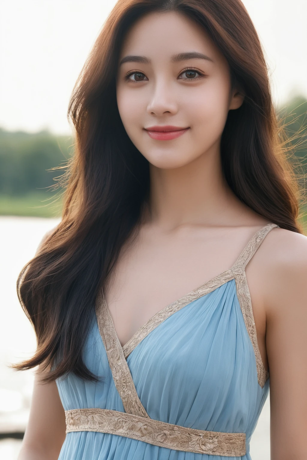 1girl, solo, dress, long hair, outdoors, photo background, smile, arm up, brown hair, water, sleeveless, blue dress, sleeveless dress, brown eyes, v, building, looking at viewer, river, black hair, standing,
best quality, photo \(medium\), realistic,(extremely detailed face:1.2), (extremely detailed eyes:1.2),epic, gorgeous, film grain, grainy,highly detailed, detailed skin texture,