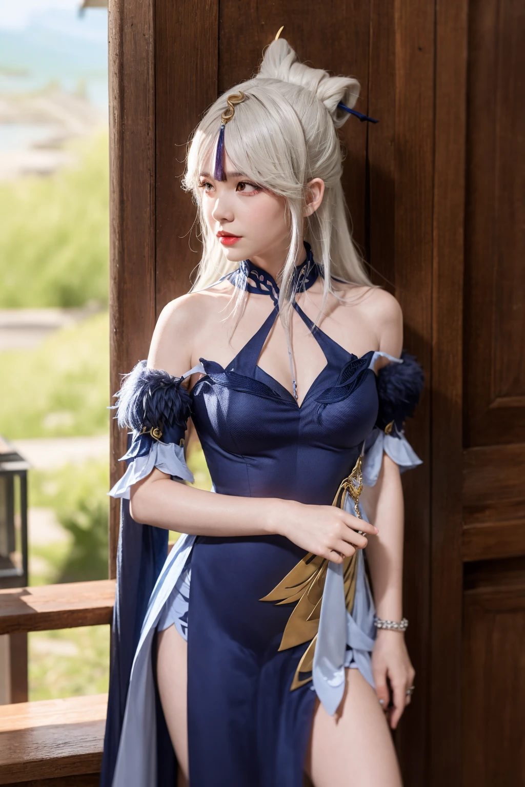 masterpiece, best quality,realistic, High definition, photography, depth of field,HDR, highres,(photoshop \(medium\):1.2) ,
,
 <lora:ningguang:1>,1girl, official alternate costume, ningguang (genshin impact), long hair, white hair,hair ornament, red eyes,blue dress , cleavage, tassel, blue collar,bare shoulders, vision (genshin impact), jewelry, bracelet, pelvic curtain, side slit, sidelocks, detached sleeves,