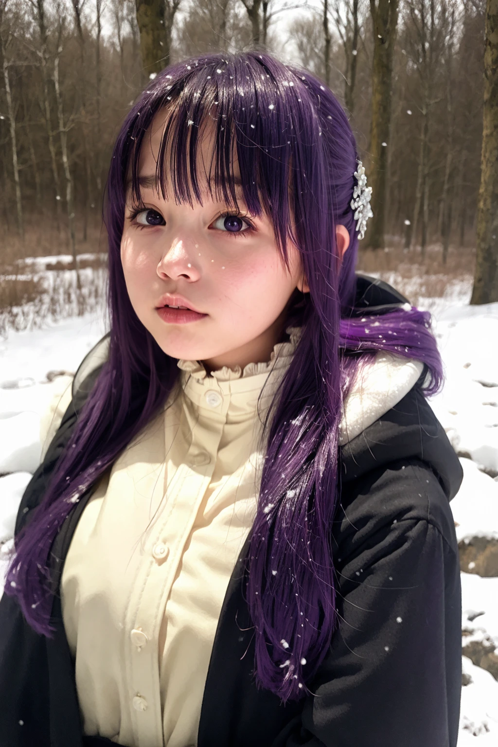 masterpiece, best quality,8K,realistic, High definition, photography, depth of field,HDR, highres,(photoshop \(medium\):1.2) ,large breasts, 
,snow,snowing, outdoors,forest,
<lora:ferunn:1>,1girl,solo,(purple hair:1.2), long hair,sidelocks, hair ornament, hood down,white shirt,black jacket,open clothes,center frills,upper body, looking at viewer, blunt bangs,