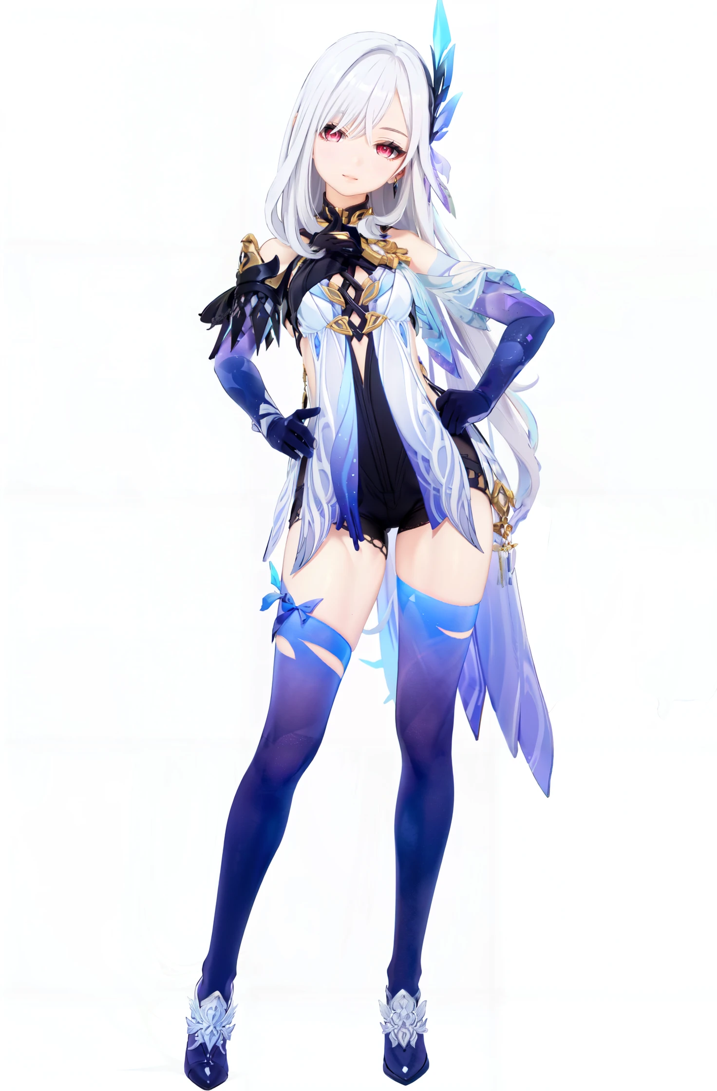 8k, best quality, masterpiece, (ultra-detailed:1.1), (high detailed skin),
(full body:1.2), white background, standing, looking at viewer, (solo:1.3), hand on hip,
<lora:sikk-v100-000025:0.9:lbw=OUTALL>,skirk, 1girl, long hair,blue thighhighs, elbow gloves, hair ornament, bangs, red eyes
(white background, simple background:1.4),
<lora:EnvyBetterHands LoCon_beta2 è¾
å©:0.55>, ( good hands, nice hands:0.5),
(beautiful_face), ((intricate_detail)), clear face,
((finely_detailed)), fine_fabric_emphasis,
((glossy)), full_shot,